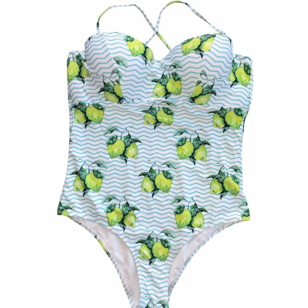 Cupshe Onepiece Removable Straps Green Lemon Blue Stripe Womans Swimsuit Size XL
